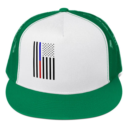 Green and white American Flag Trucker Cap with patriotic design and mesh back for summer wear