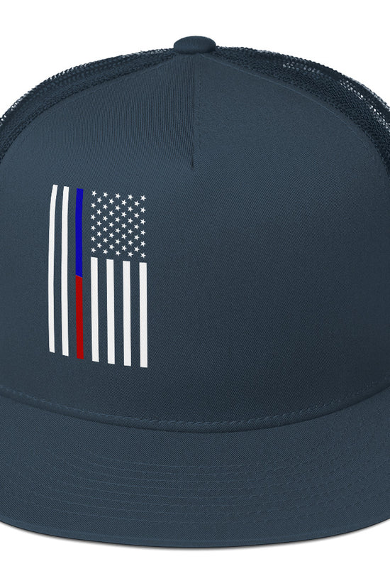Amp'd Up Custom American Flag Trucker Cap in navy blue with mesh back for stylish protection