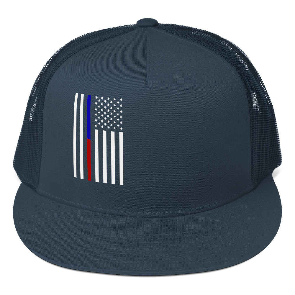 Amp'd Up Custom American Flag Trucker Cap in navy blue with mesh back for stylish protection