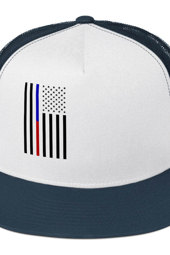 Amp'd Up Custom American Flag Trucker Cap with Unique Graphic Design in Blue and White