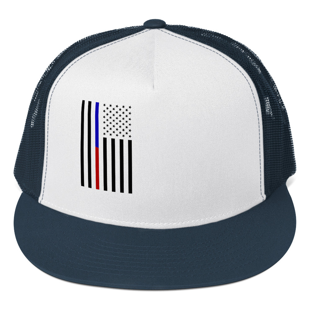 Amp'd Up Custom American Flag Trucker Cap with Unique Graphic Design in Blue and White