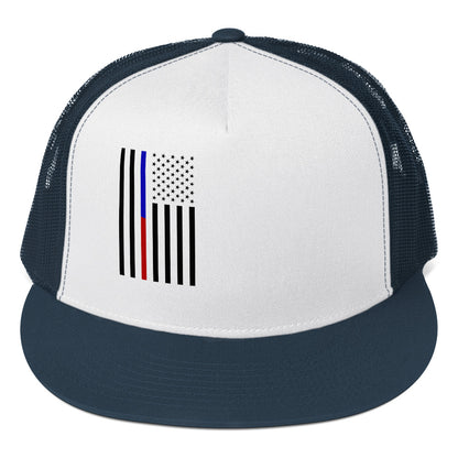 Amp'd Up Custom American Flag Trucker Cap with Unique Graphic Design in Blue and White