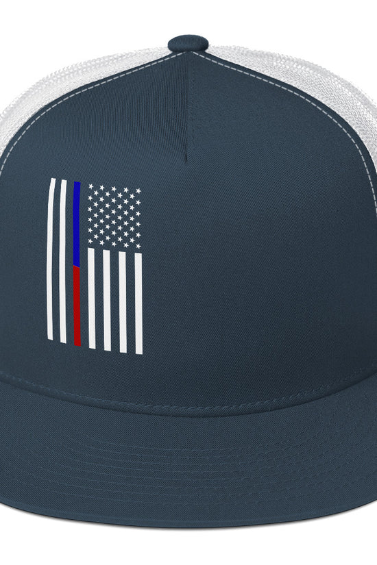 Amp'd Up Custom American Flag Trucker Cap with Navy Front and Mesh Sides for Outdoor Events