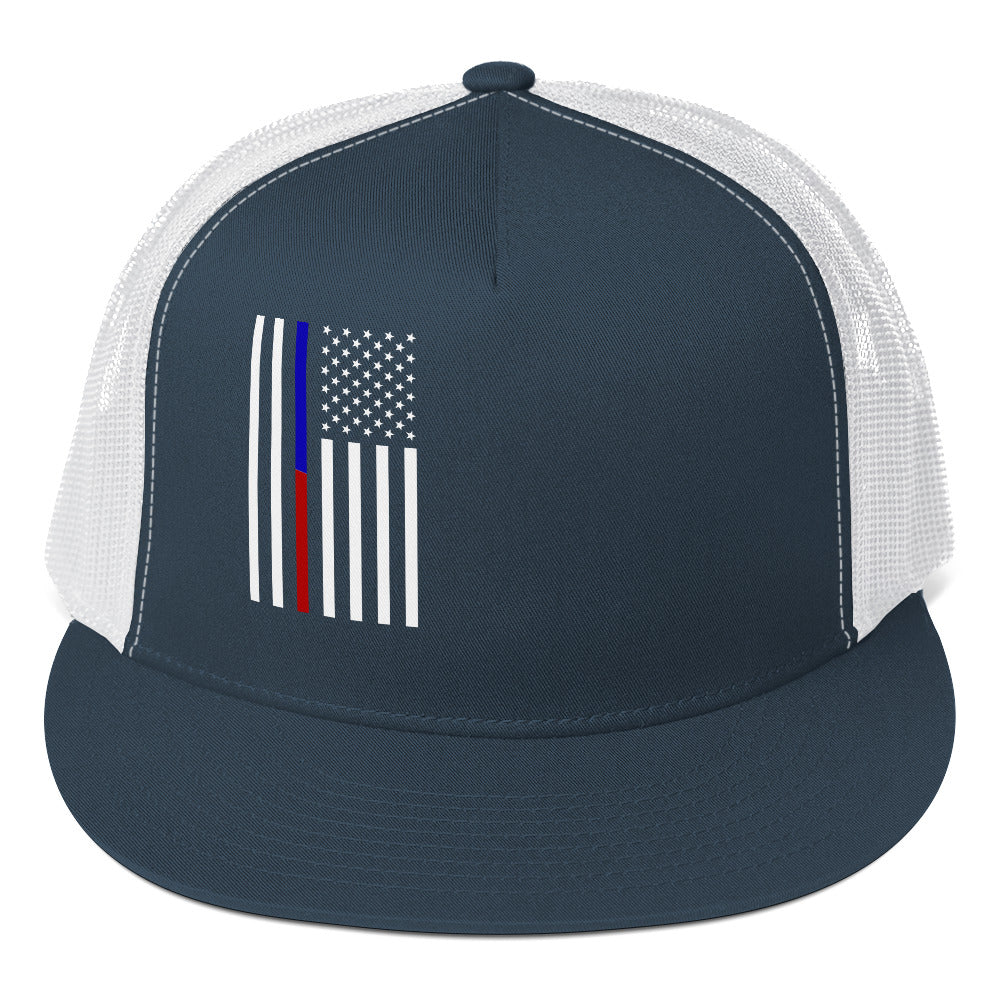 Amp'd Up Custom American Flag Trucker Cap with Navy Front and Mesh Sides for Outdoor Events