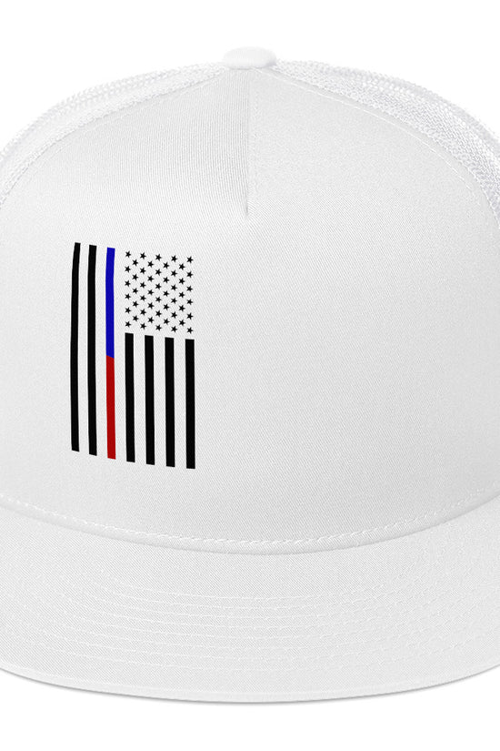 American Flag Trucker Cap featuring a unique design with black and white stripes and a patriotic emblem