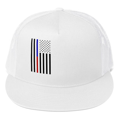 American Flag Trucker Cap featuring a unique design with black and white stripes and a patriotic emblem