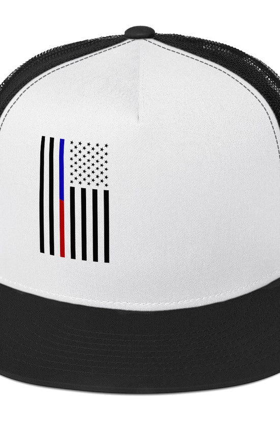 Amp'd Up Custom American Flag Trucker Cap with Distinctive Flag Design in Black and White