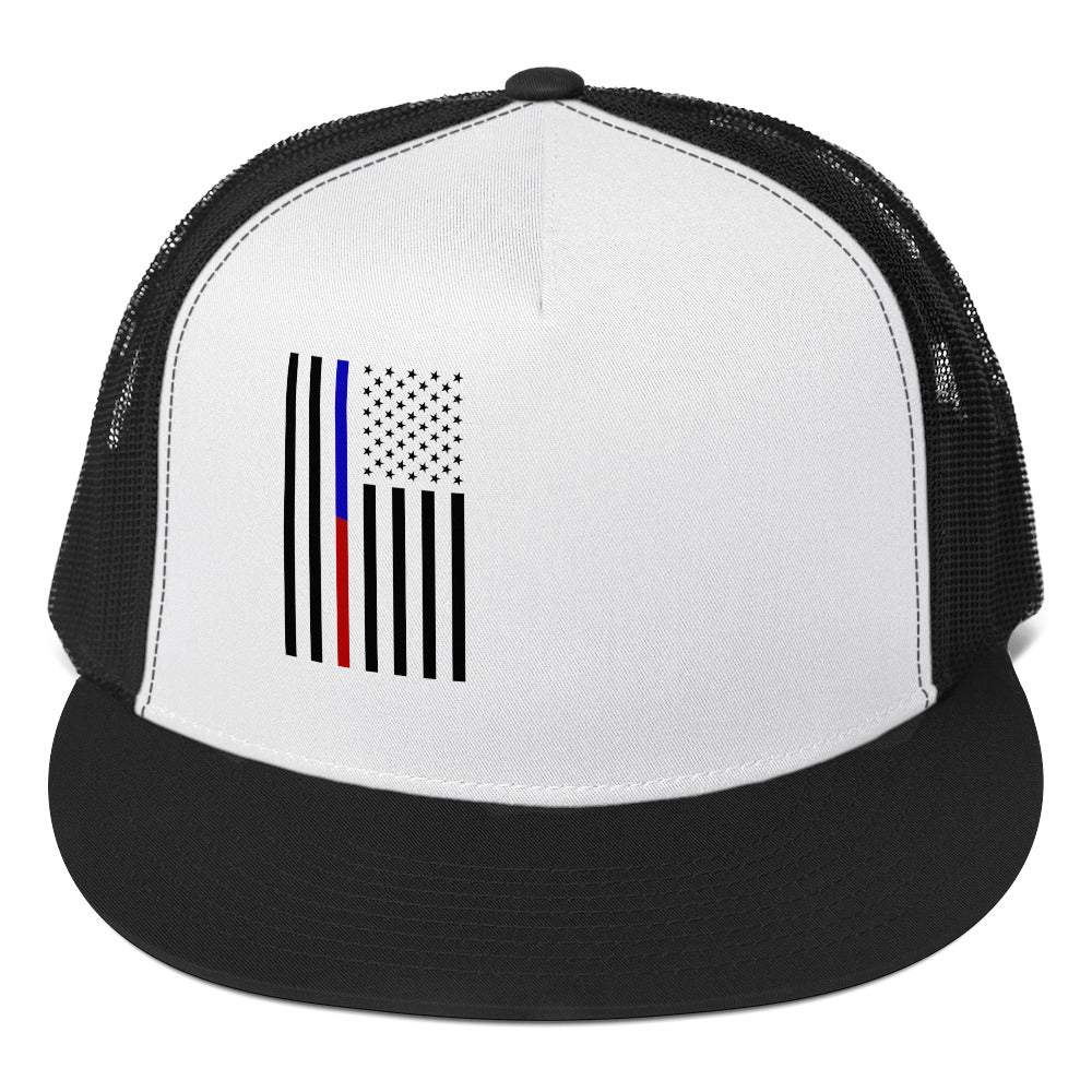 Amp'd Up Custom American Flag Trucker Cap with Distinctive Flag Design in Black and White