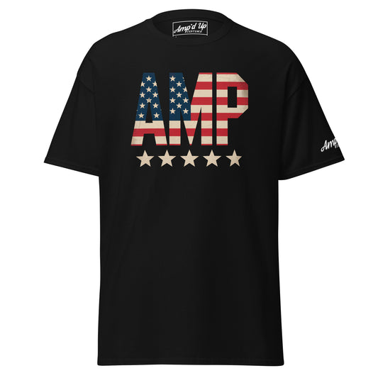 AMP American Flag T-Shirt with red and blue stars design on a black background
