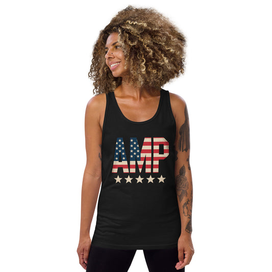 AMP American Flag Tank Top featuring bold letters and star design for stylish summer wear