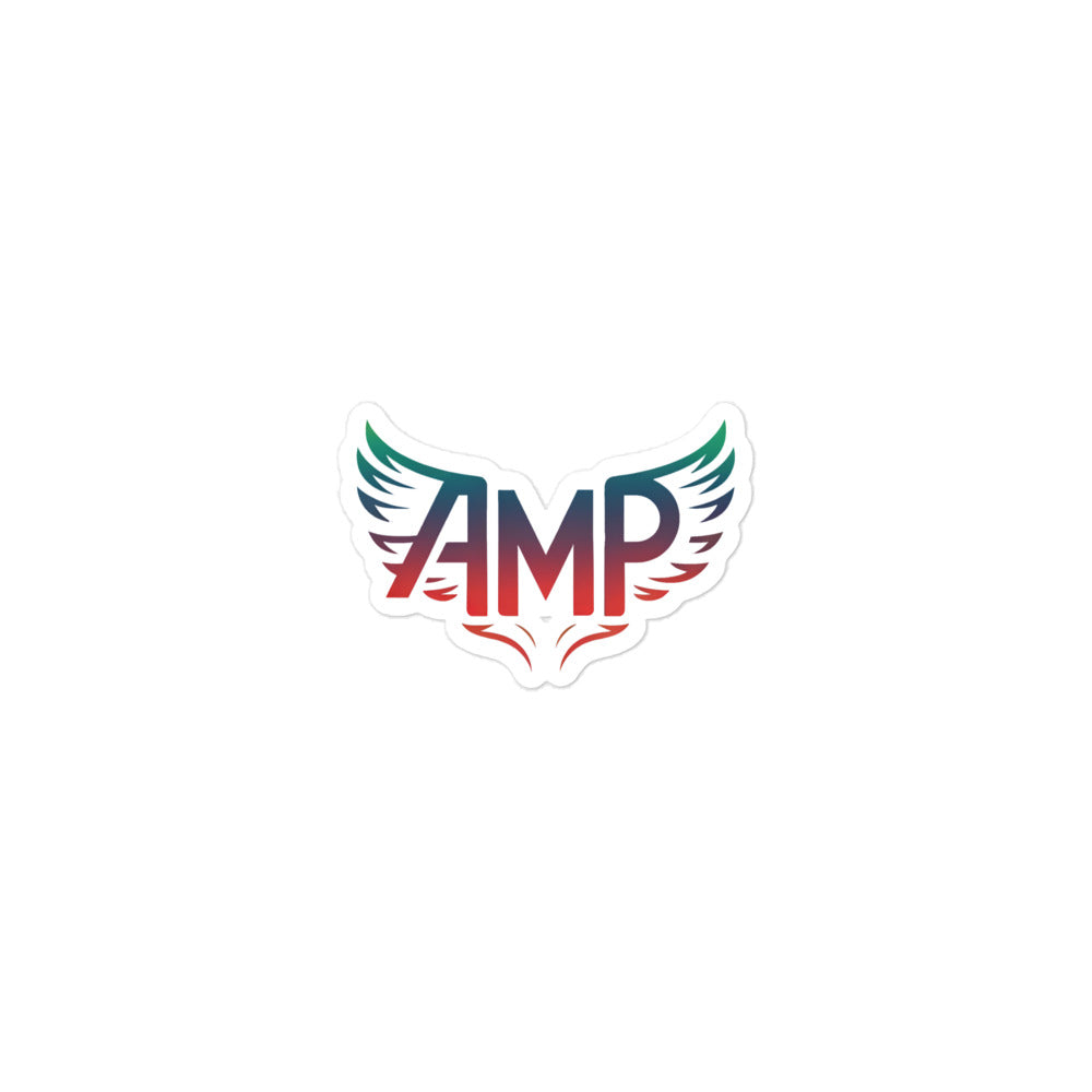 Amp Wings sticker featuring colorful wing design with AMP logo for custom branding