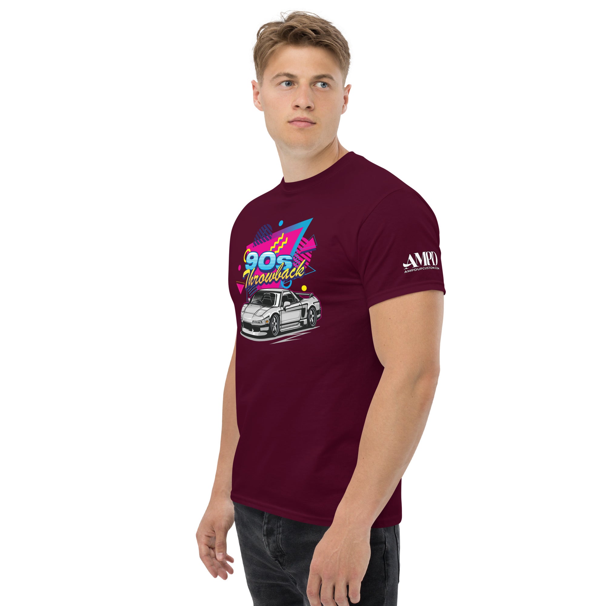 90s Throwback Honda Acura NSX NA1 Graphic T-Shirt from Amp'd Up Custom in maroon with colorful design