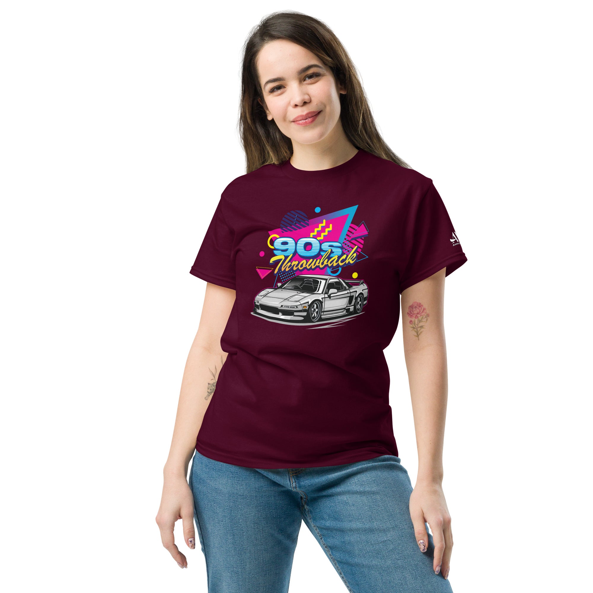 90s Throwback Honda Acura NSX NA1 Graphic T-Shirt | AMPD in maroon with colorful design featuring the iconic car