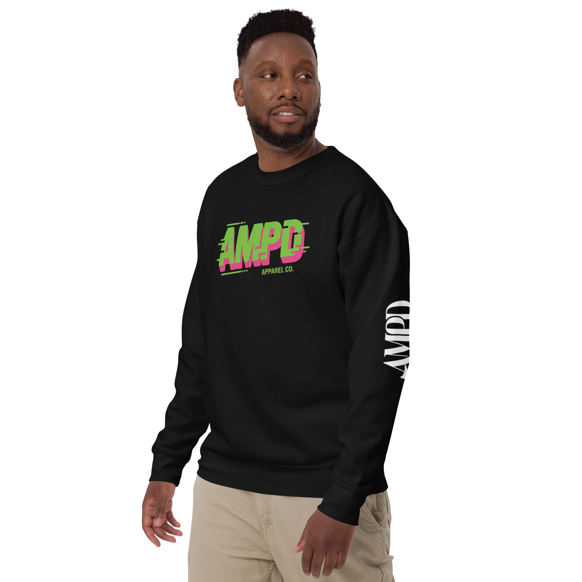 AMPD Apparel Company Sweatshirt in black featuring colorful logo on the front and sleeve