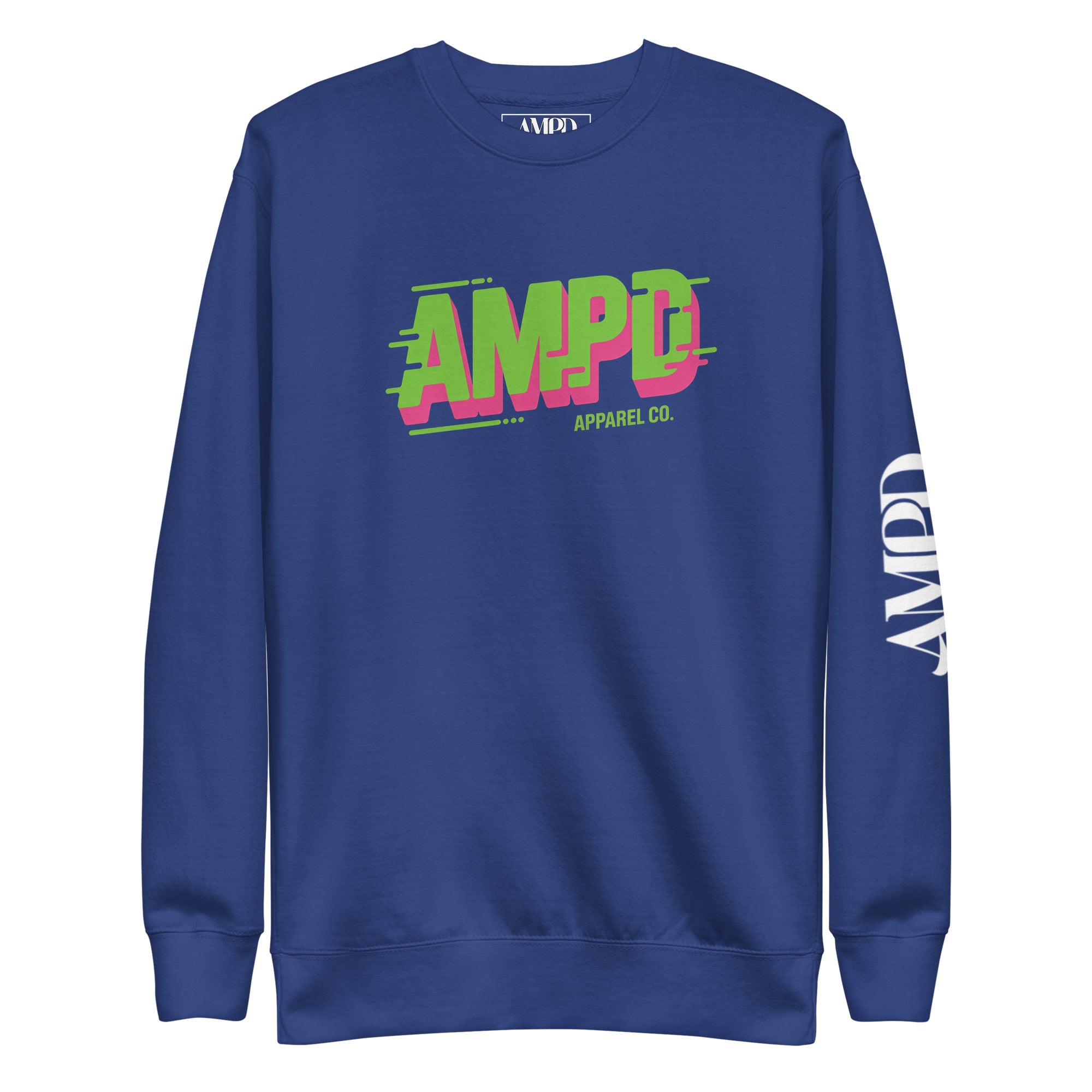 Navy blue AMPD Apparel Company Sweatshirt with vibrant logo and stylish design for casual wear