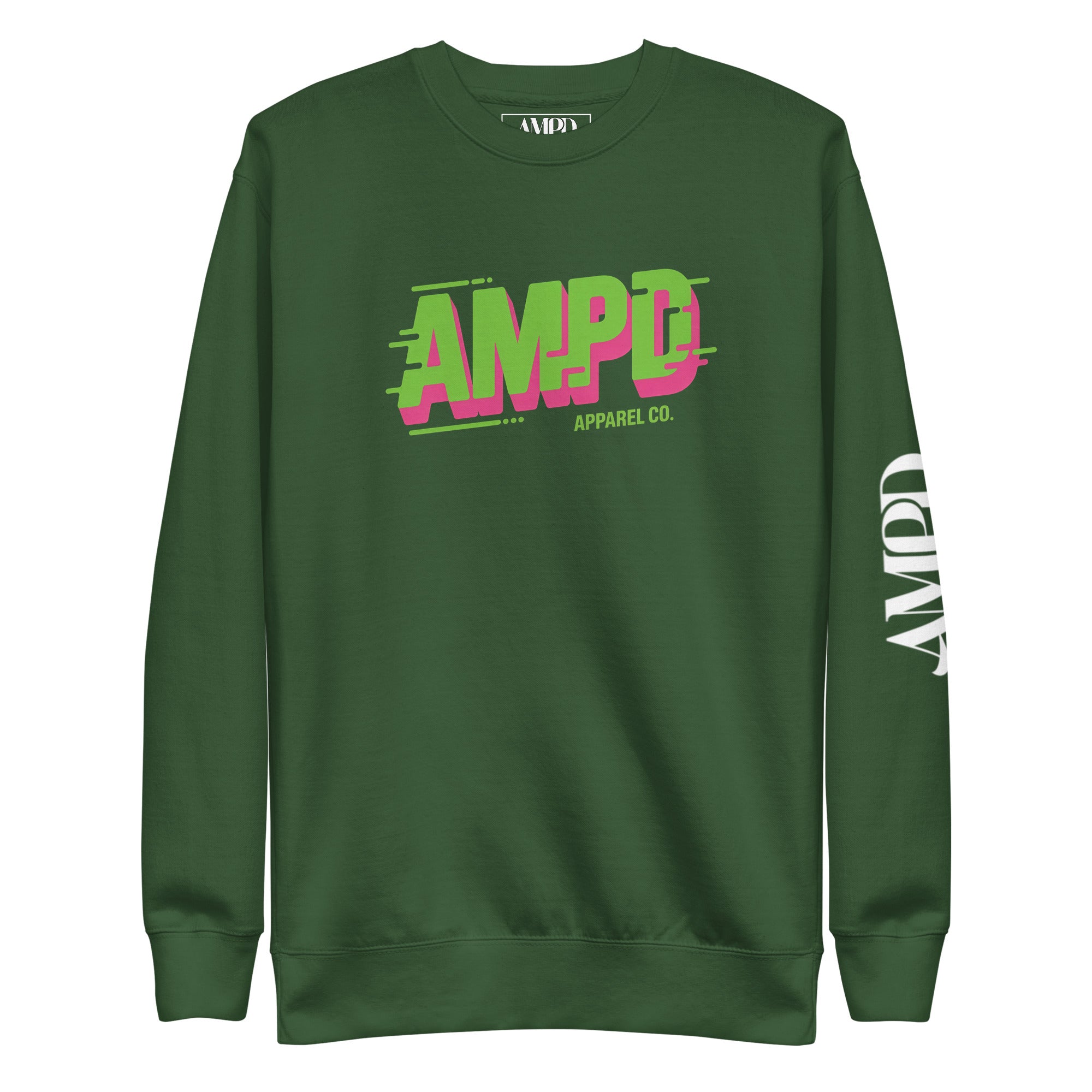 Green AMPD Apparel Company Sweatshirt featuring a vibrant logo on the front and sleeve