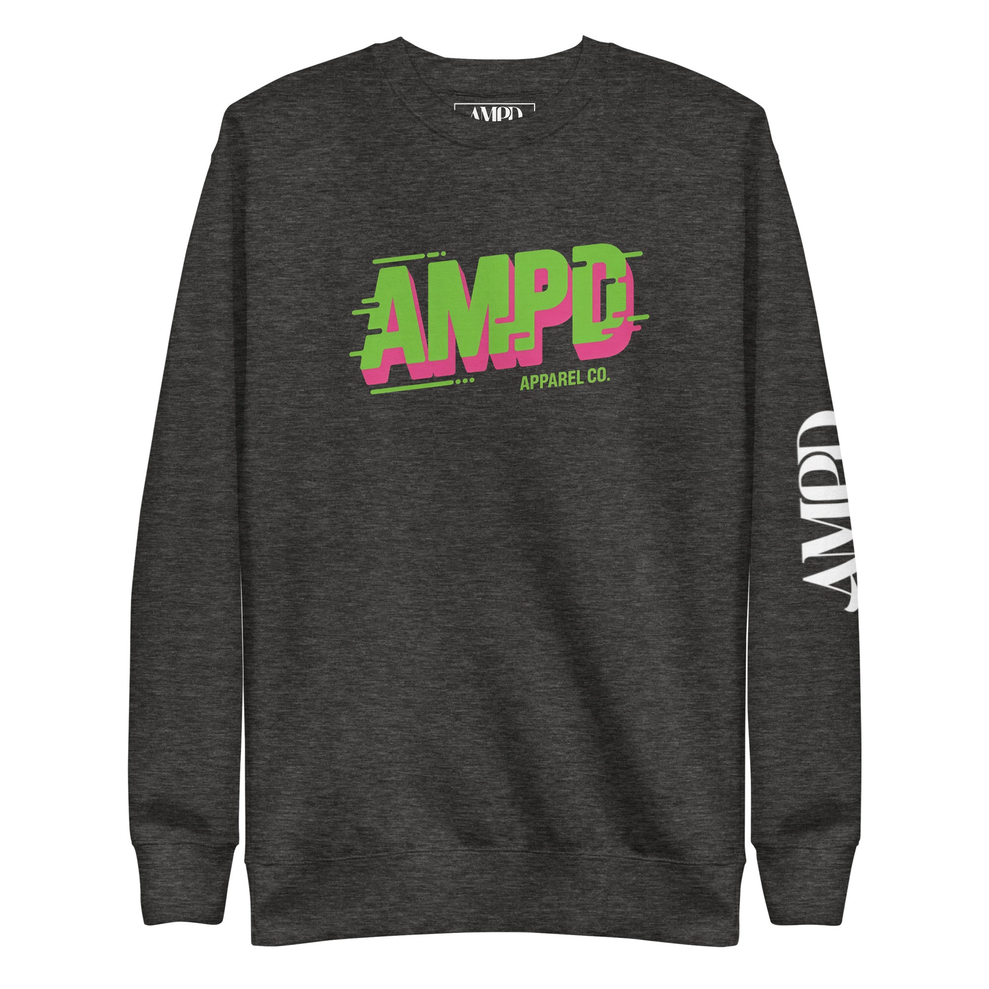 Charcoal AMPD Apparel Company Sweatshirt featuring a vibrant logo on the front and sleeve