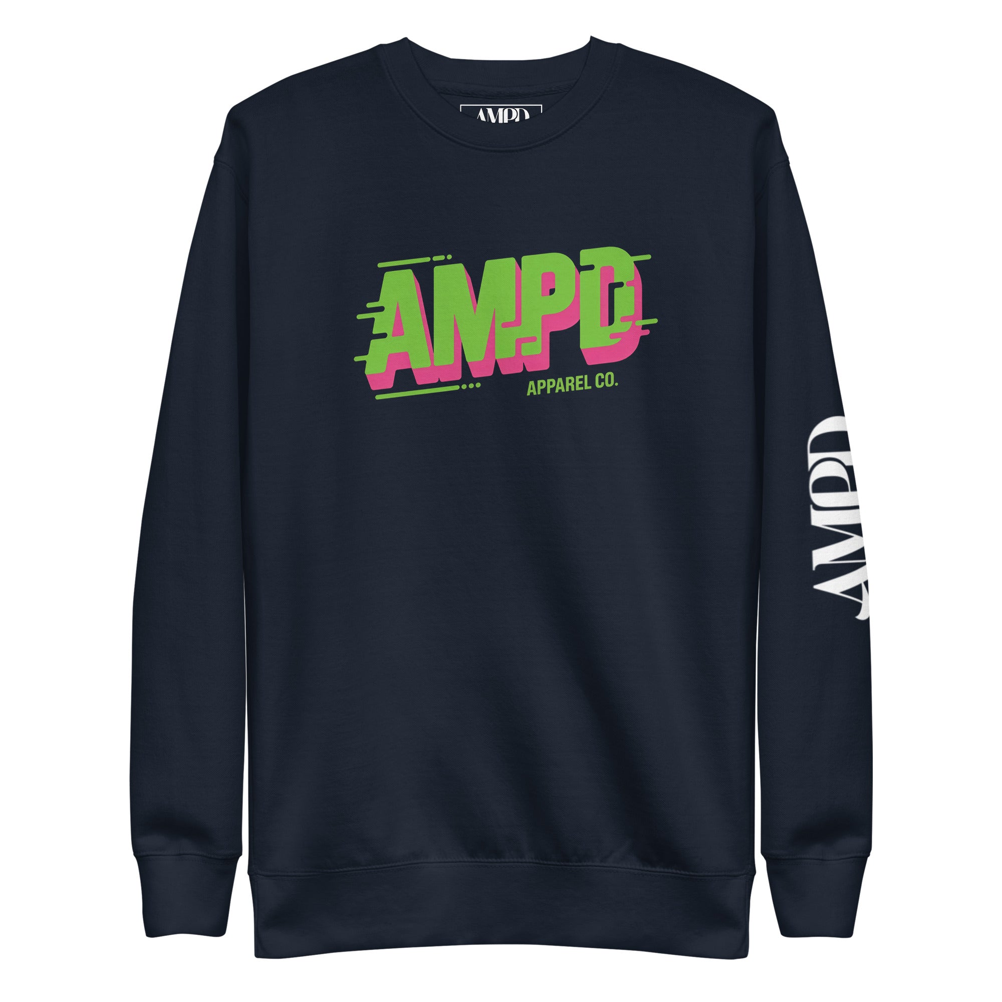 Navy AMPD Apparel Company Sweatshirt featuring vibrant logo and comfortable fit
