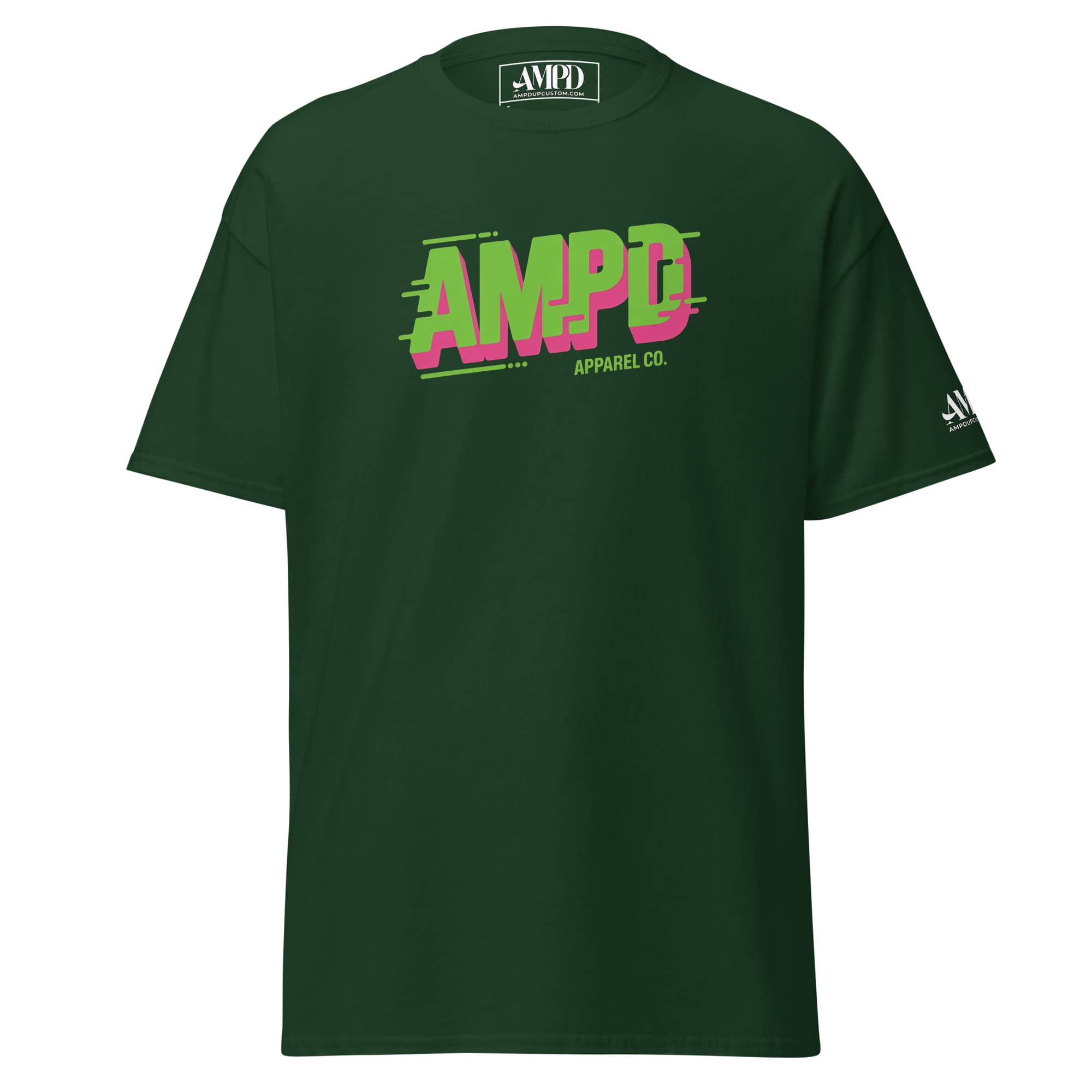 Dark green AMPD Apparel Company T-Shirt featuring a vibrant logo design