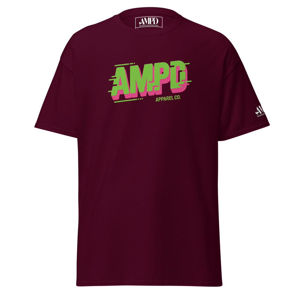 Maroon AMPD Apparel Company T-Shirt featuring a vibrant logo design for casual wear