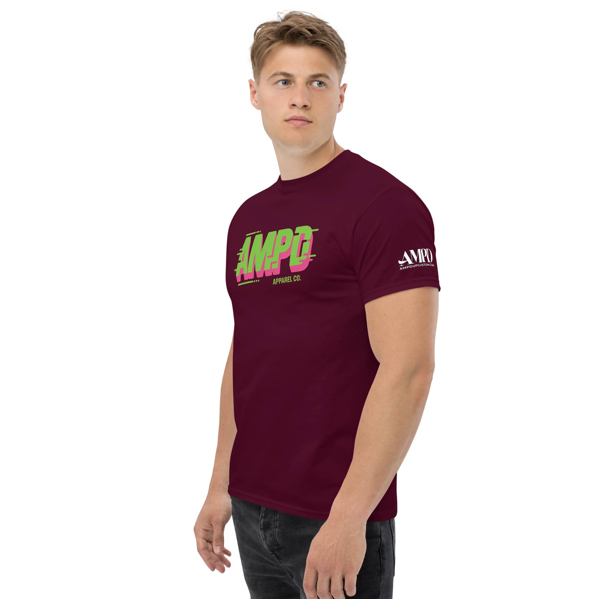 Amp'd Up Custom AMPD Apparel Company T-Shirt in maroon featuring bold logo design