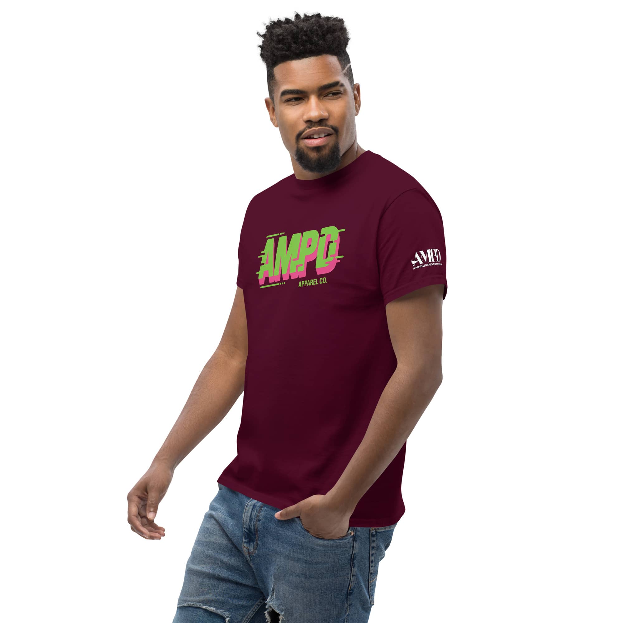 Amp'd Up Custom AMPD Apparel Company T-Shirt in burgundy with a modern graphic design