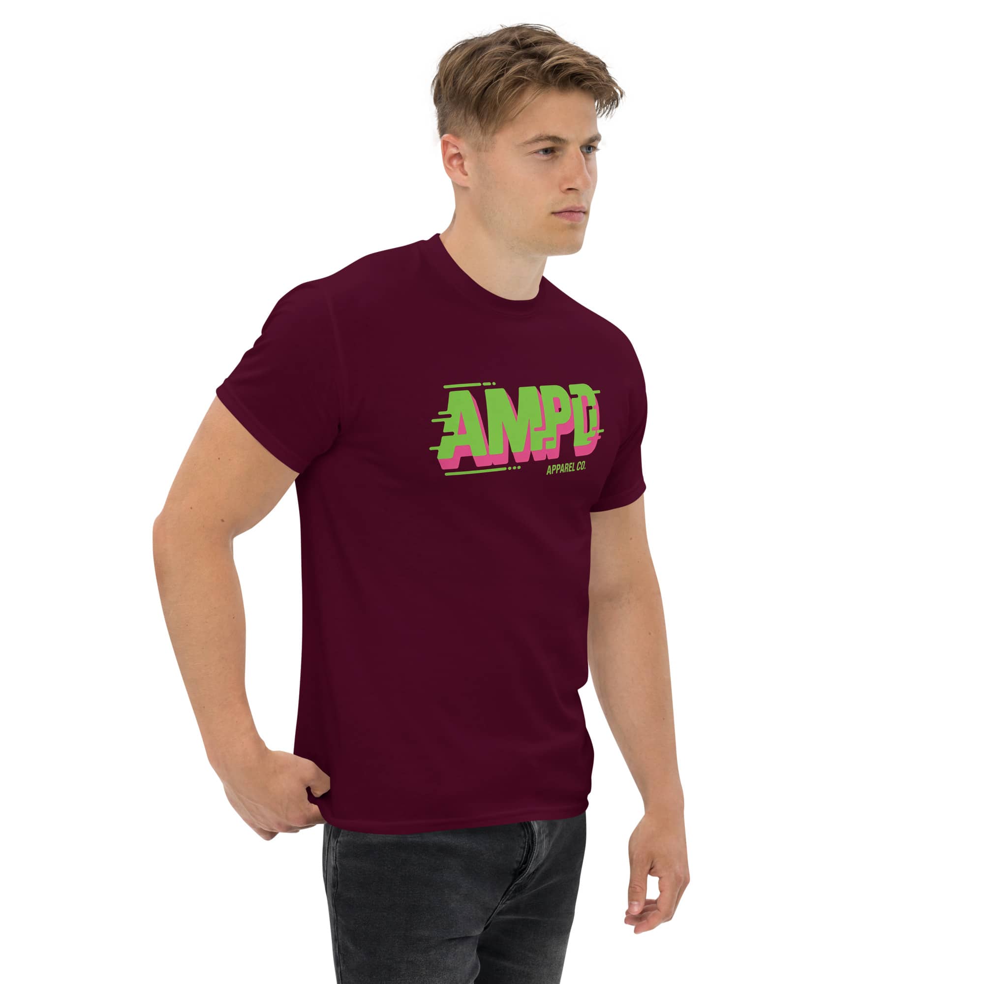Men's maroon AMPD Apparel Company T-Shirt featuring vibrant logo for a stylish casual look