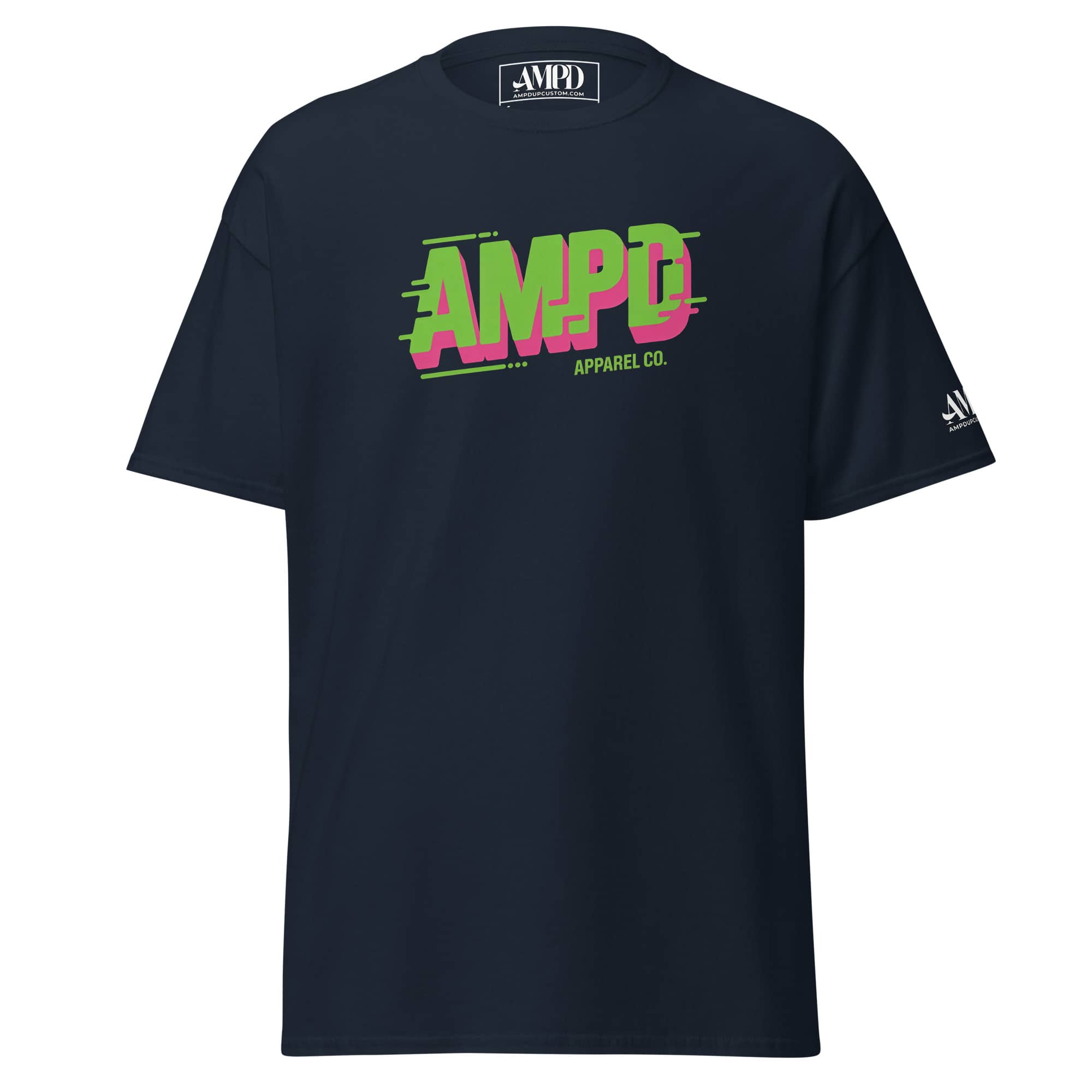 Navy AMPD Apparel Company T-Shirt featuring vibrant logo design for trendy casual wear