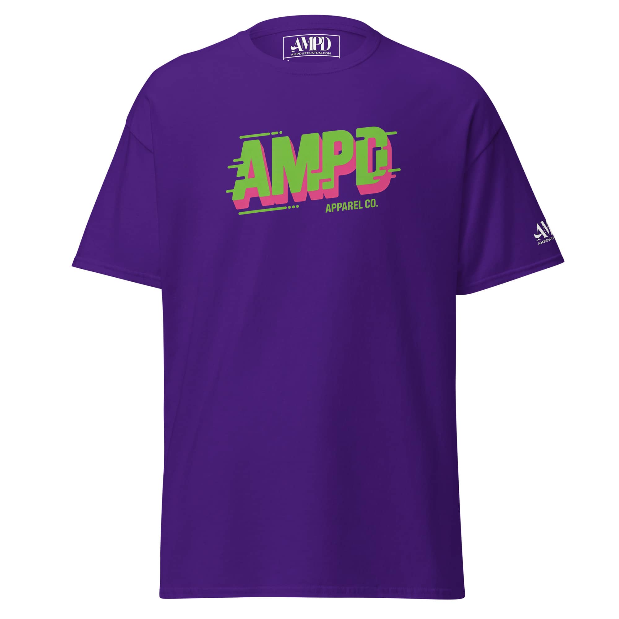 Purple AMPD Apparel Company T-Shirt with a Bold Graphic Logo on the Front