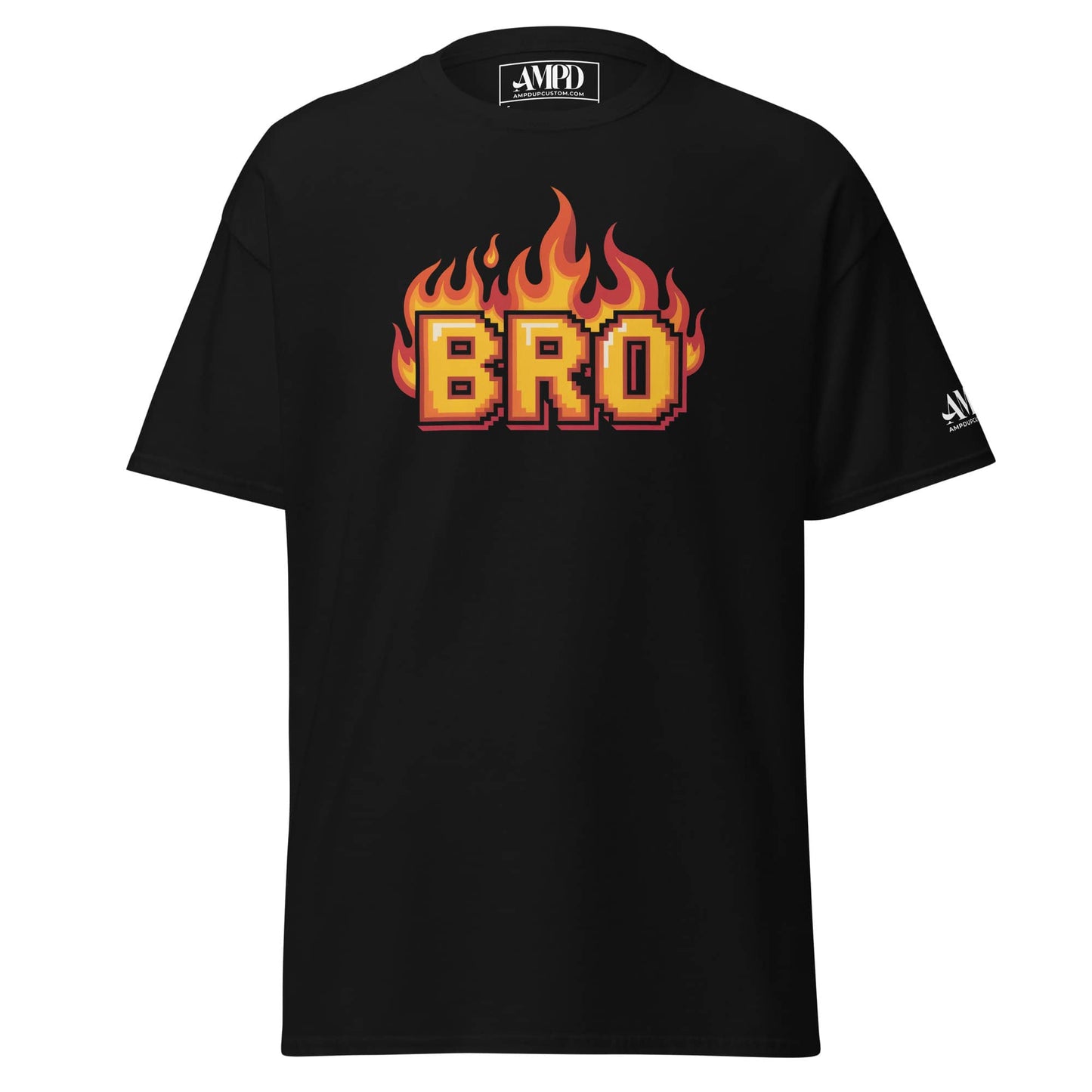 Amp'd Up Custom BRO in Flames Pixelated Graphic T-Shirt in Black for Casual Wear