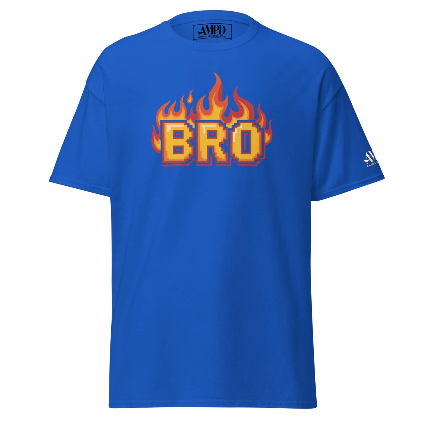 Amp'd Up Custom BRO in Flames Pixelated Graphic T-Shirt in vibrant blue color
