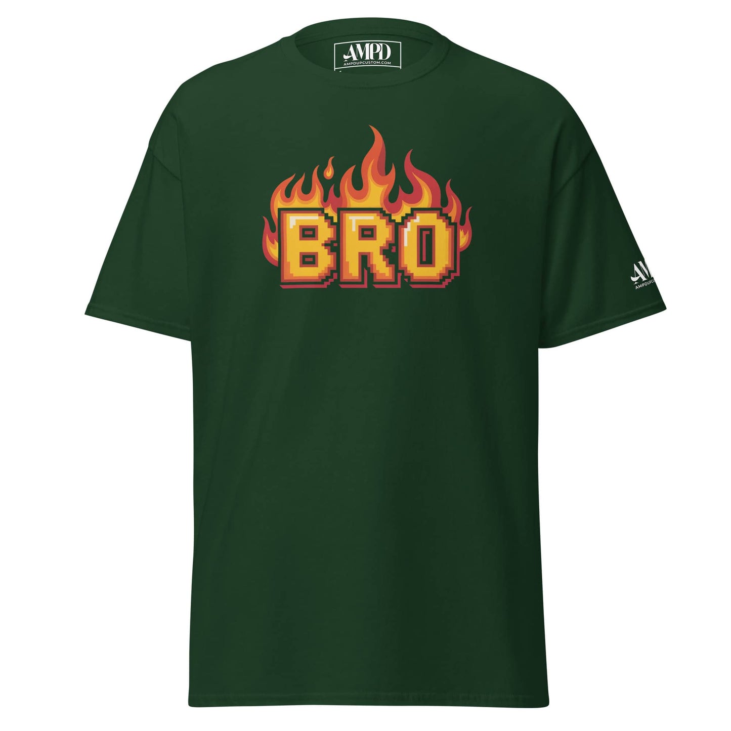 Amp'd Up Custom BRO in Flames Pixelated Graphic T-Shirt in green with vibrant fire design
