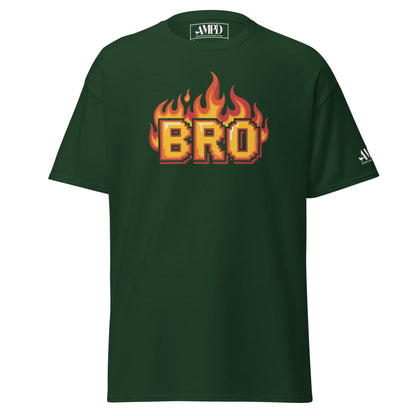 Amp'd Up Custom BRO in Flames Pixelated Graphic T-Shirt in green with vibrant fire design