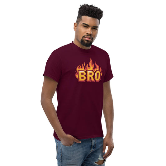 Men's maroon BRO in Flames Pixelated Graphic T-Shirt with vibrant flame design