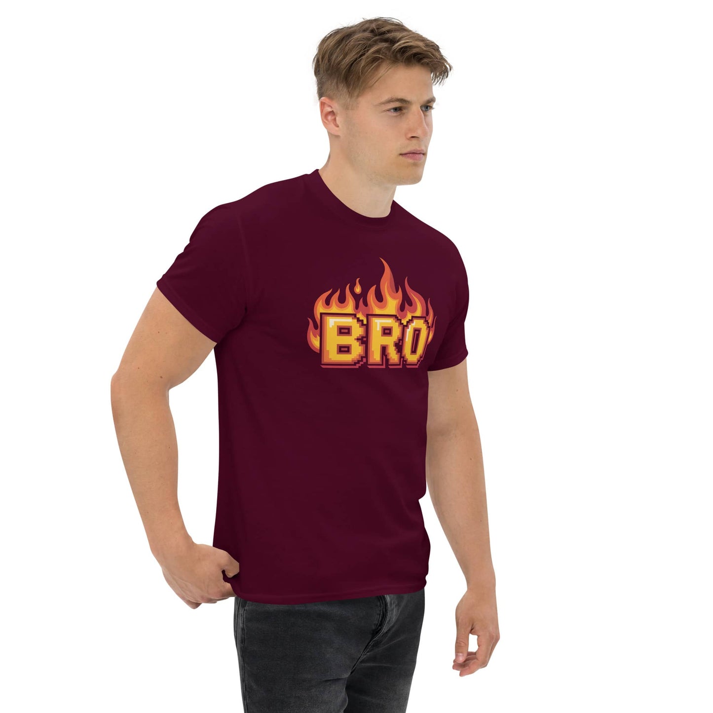 Amp'd Up Custom BRO in Flames Pixelated Graphic T-Shirt in maroon worn by a model
