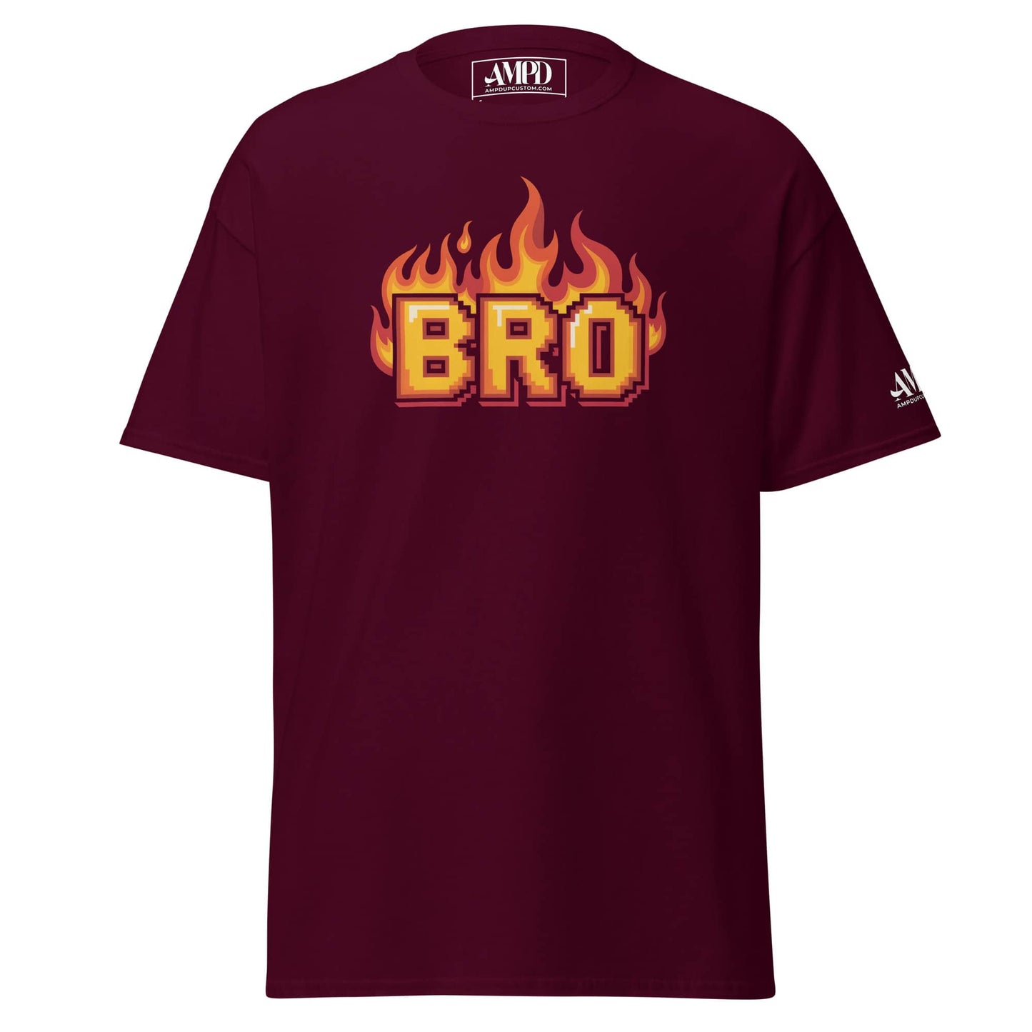 Amp'd Up Custom BRO in Flames Pixelated Graphic T-Shirt in burgundy color for stylish casual wear