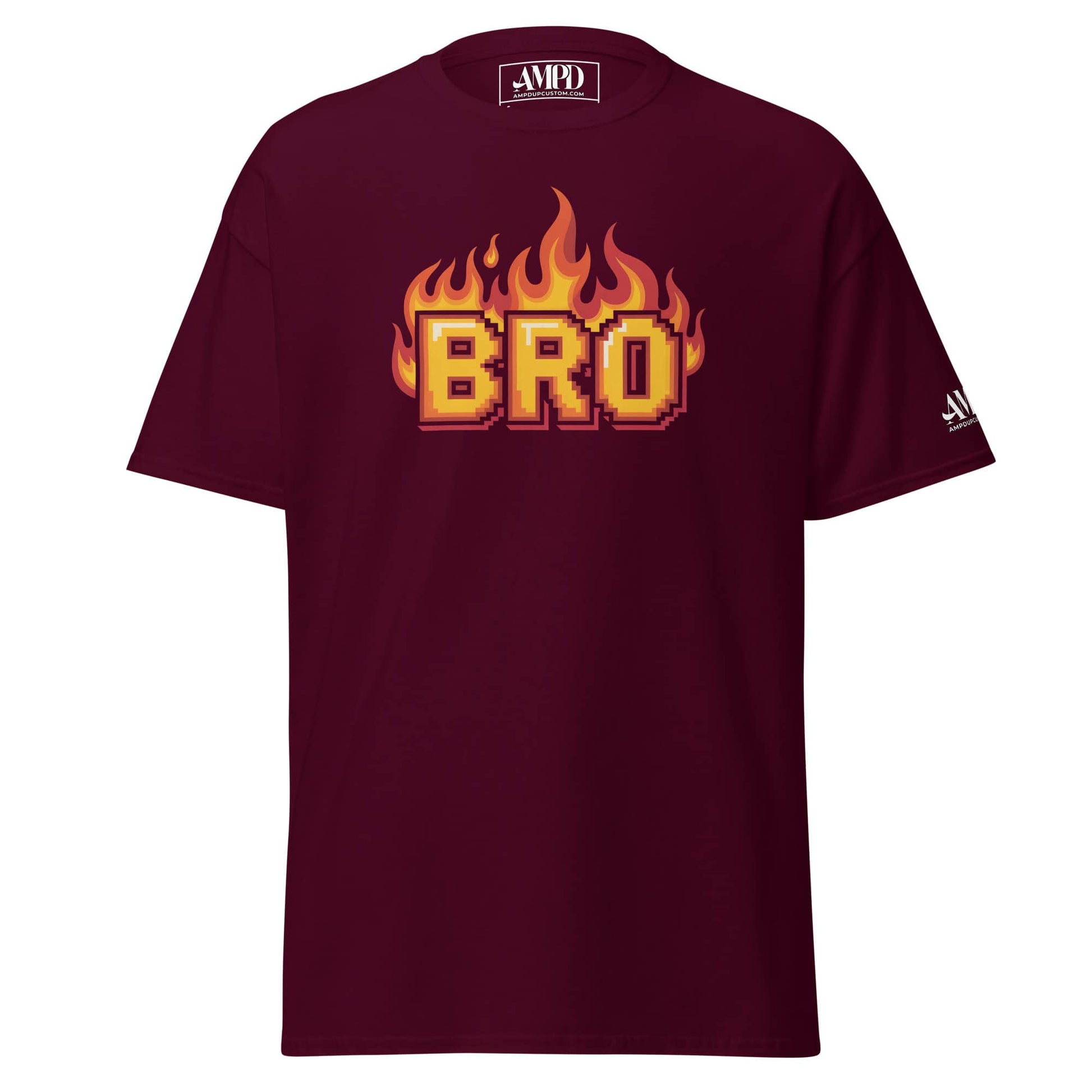 Amp'd Up Custom BRO in Flames Pixelated Graphic T-Shirt in burgundy color for stylish casual wear
