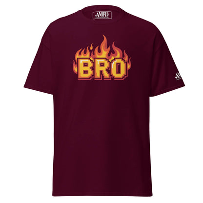 Amp'd Up Custom BRO in Flames Pixelated Graphic T-Shirt in burgundy color for stylish casual wear