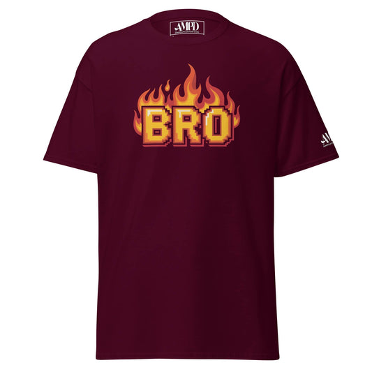 Amp'd Up Custom BRO in Flames Pixelated Graphic T-Shirt in burgundy color for stylish casual wear