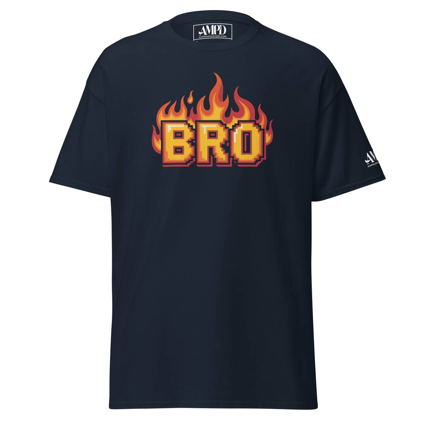 Amp'd Up Custom BRO in Flames Pixelated Graphic T-Shirt in navy blue with a bold flame design