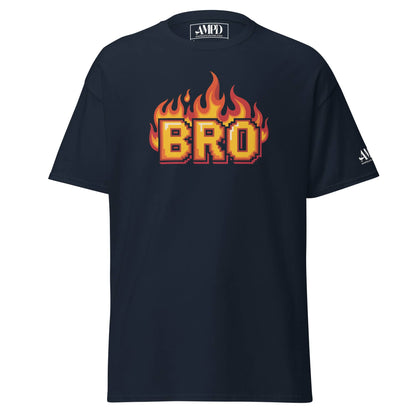 Amp'd Up Custom BRO in Flames Pixelated Graphic T-Shirt in navy blue with a bold flame design