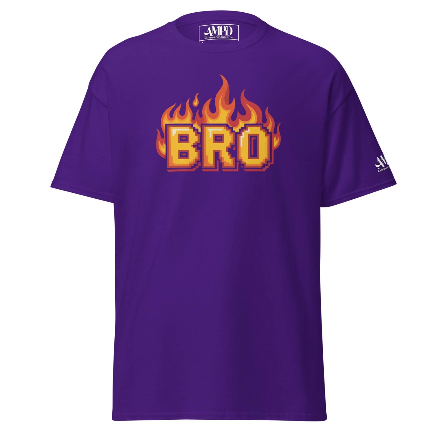 Amp'd Up Custom BRO in Flames Pixelated Graphic T-Shirt in Purple Color for Casual Style