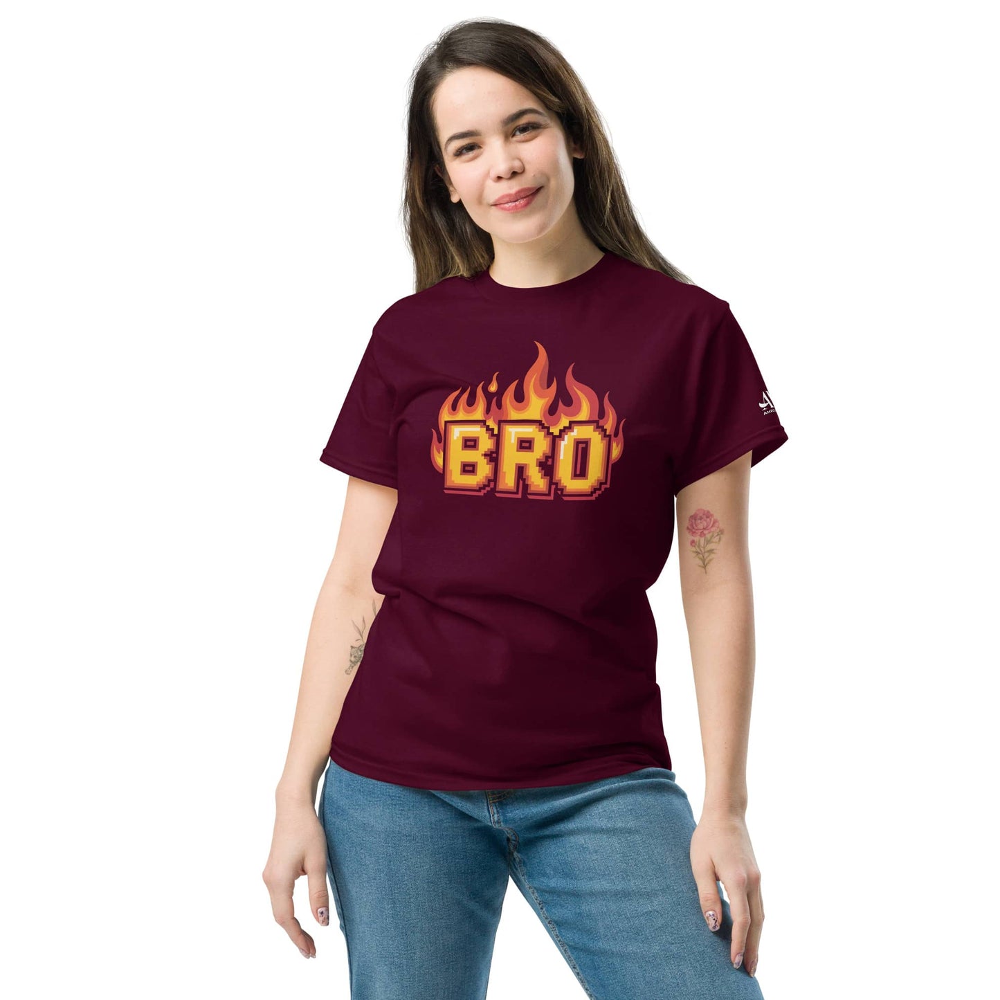 Amp'd Up Custom BRO in Flames Pixelated Graphic T-Shirt for a trendy casual look