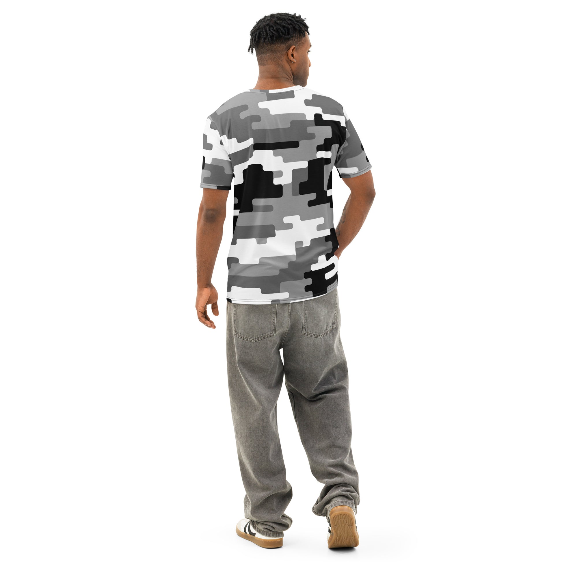 AMPD Cotton Crew Neck Tee Digital Black and Gray Camo, Casual Mens Short Sleeve T-Shirt displayed from the back