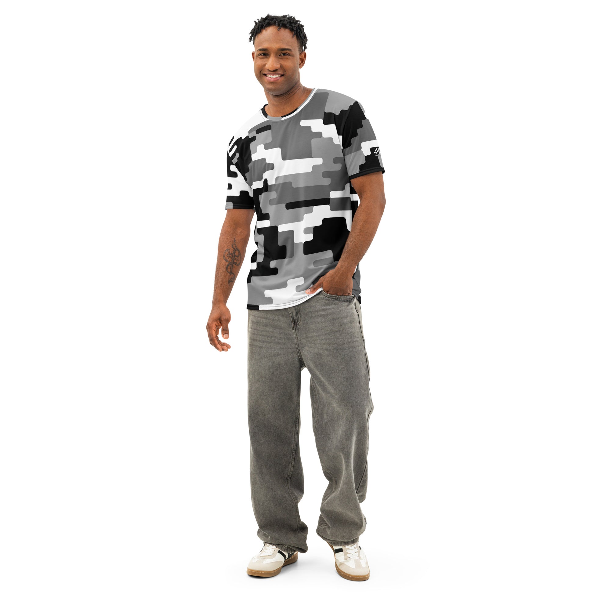 AMPD Cotton Crew Neck Tee Digital Black and Gray Camo, Casual Mens Short Sleeve T-Shirt modeled by a smiling man