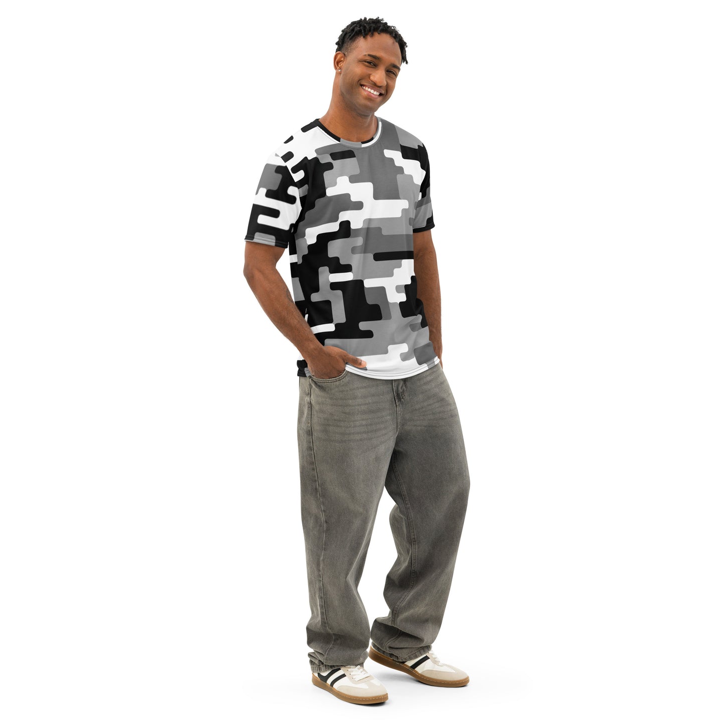 AMPD Cotton Crew Neck Tee Digital Black and Gray Camo, Casual Mens Short Sleeve T-Shirt displayed on model