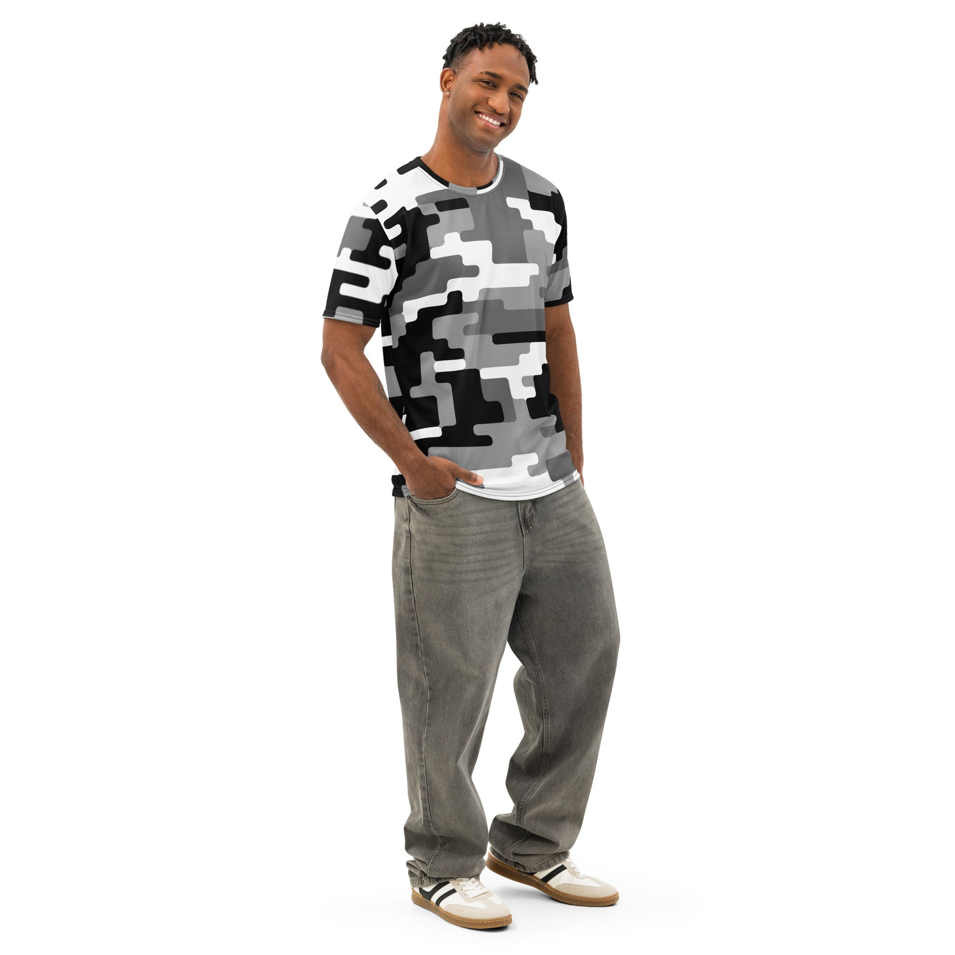 AMPD Cotton Crew Neck Tee Digital Black and Gray Camo, Casual Mens Short Sleeve T-Shirt displayed on model