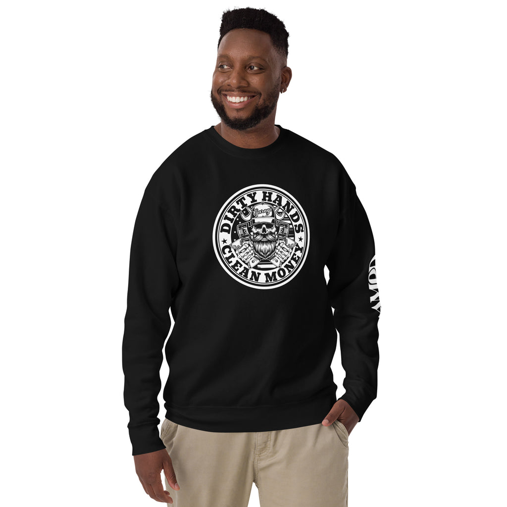 Amp'd Up Custom Dirty Hands Clean Money Sweatshirts featuring a bold graphic design in black