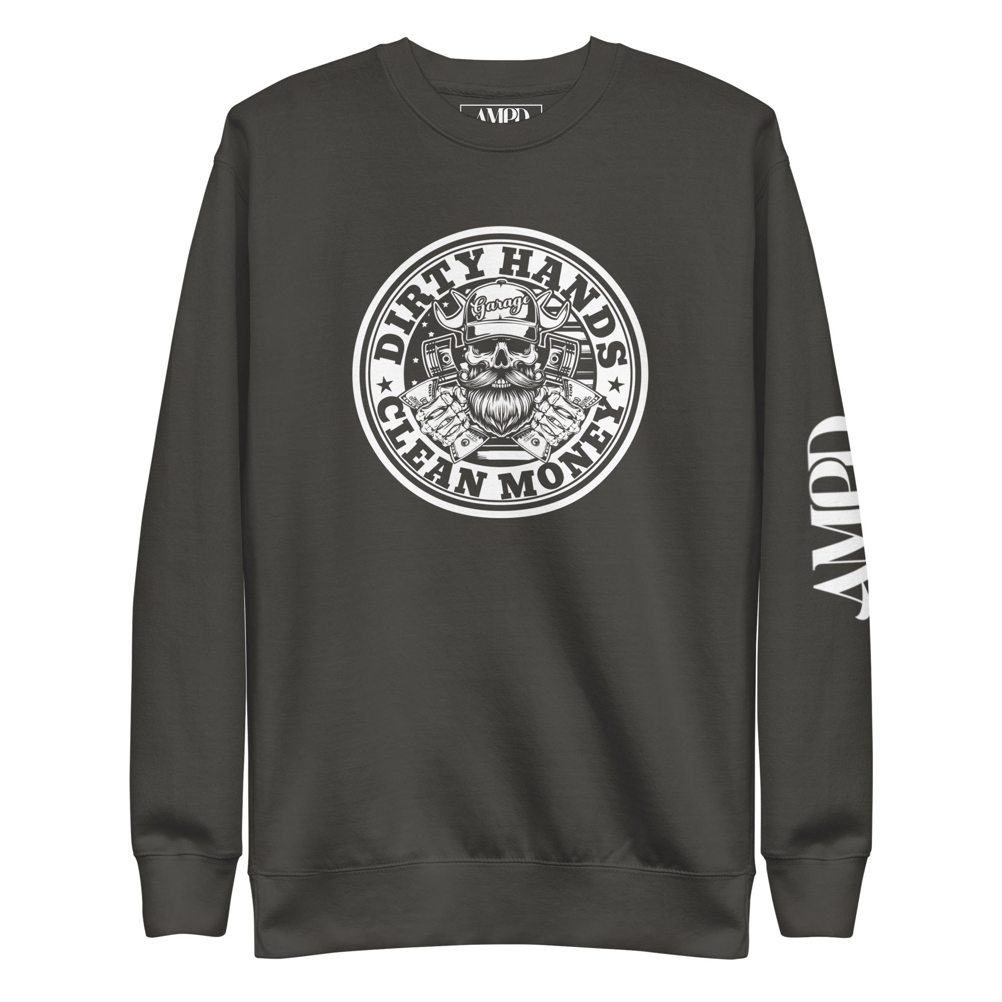 Dirty Hands Clean Money Sweatshirts | AMPD featuring graphic design on a dark sweatshirt for casual wear