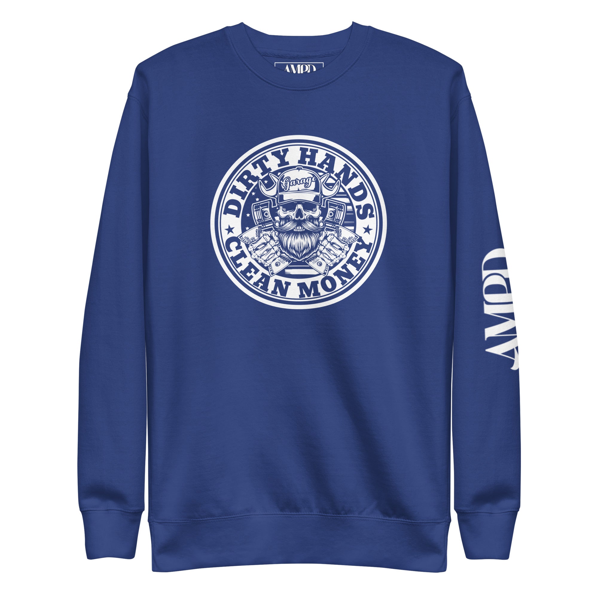 Dirty Hands Clean Money Sweatshirts | AMPD in blue with graphic logo on the front and sleeve